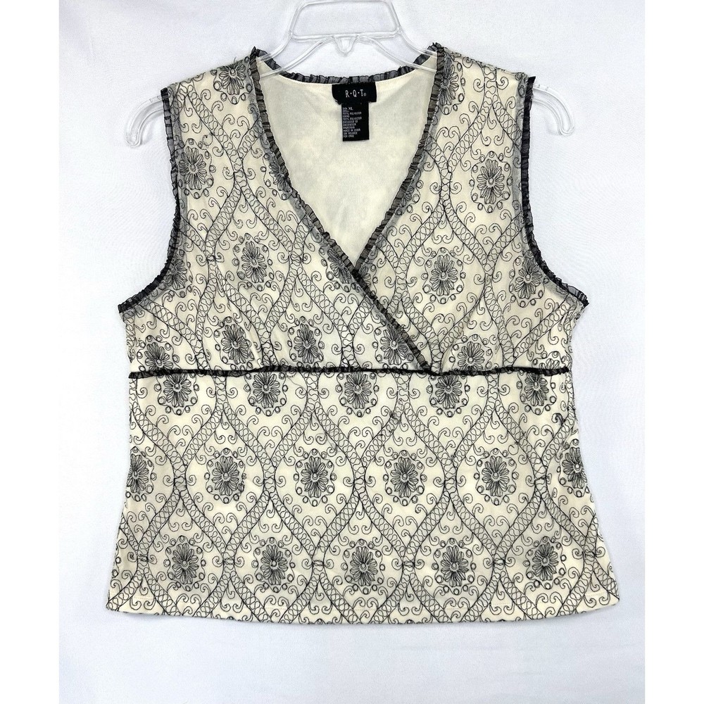 RQT Women's XL Sleeveless Lace Top Embroidered Floral Design Black Beige Mesh